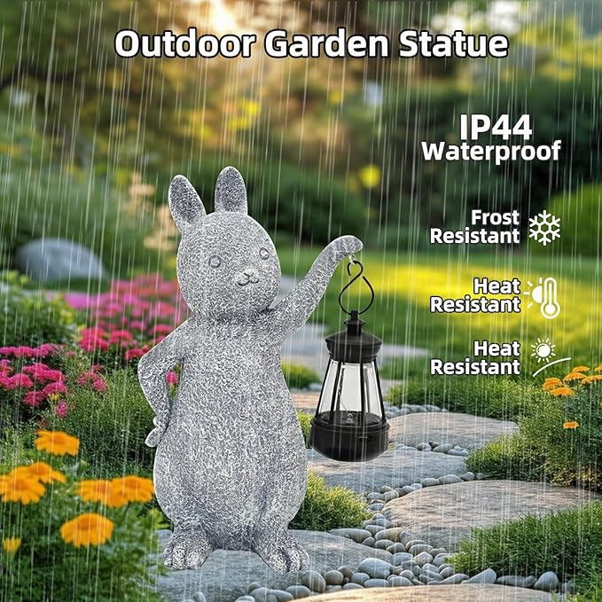 AVEKI Solar Bunny Statue Garden Outdoor Decor, Cute Rabbit Figurines Waterproof Garden Decor with Solar Lantern, Bunny Decor for Yard Art Lawn Porch, Women Gifts for Mom Grandma (Rabbit)