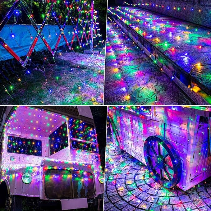 Lomotech 12ft x 5ft 360 LED Christmas Net Lights, 8 Modes Waterproof With Timer Low Voltage Connectable Mesh Lights for Trees, Bushes, Shurb, Garden, Outdoor Decoration(Green Wire, Multi-colored)