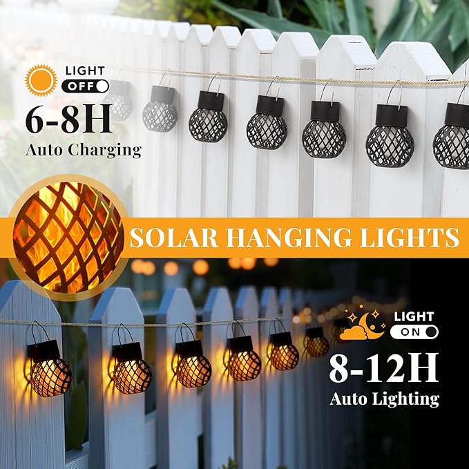 GIGALUMI 8 Pack Solar Lanterns for Outside,Solar Hanging Lights Outdoor Waterproof with Flickering Flame,Solar Powered Outdoor Lights Garden Decor for Yard,Patio,Tree,Camping,Festival Decoration