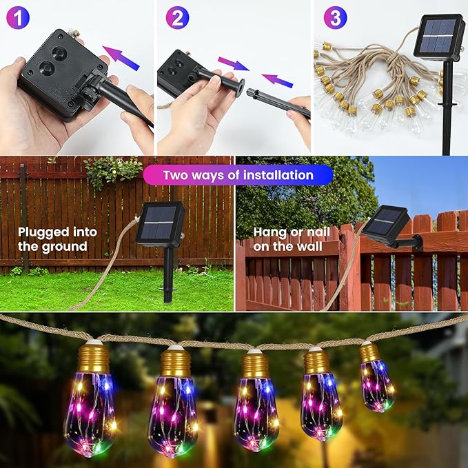 Solar Outdoor String Lights 24FT Vintage Rope Hemp Solar Lights with 20 Shatterproof Bulbs,8 Modes Solar Powered String Lights with Memory Function, Waterproof for Garden,Camping,Café(Multicolor)
