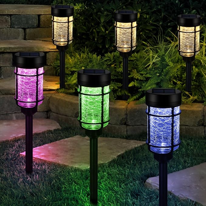 Solar Pathway Lights 6 Pack, Color Changing+Warm White LED Solar Lights Outdoor, Waterproof Solar Crackle Glass Stake Lights for Garden Path Walkway Backyard Lawn Landscape Decoration
