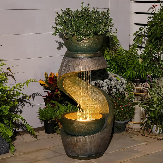 31.9" S-Shaped Water Outdoor Fountain–Modern Cascading Waterfall Feature with LED Lights & Planter Bowl, Garden Fountains Outdoor for Patio, Balcony, Yard or Home Decor, Resin Waterfall, Gold
