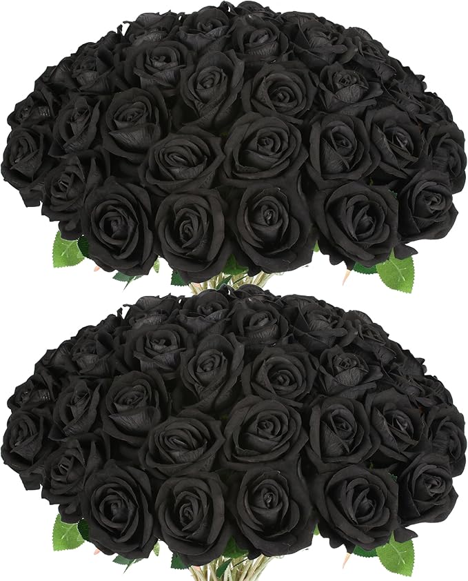 50 PCS Fake Black Roses, Artificial Flowers Bulk Halloween Decorations Realistic Silk Faux Black Roses with Stems for Gothic Wedding Party Decor, Bridal Bouquets DIY Floral Arrangement Home Decor