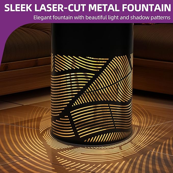 23.6" H Modern Metal Cutout Geometric Patterns Outdoor Water Fountain with LED Lights, Black Bird Bath Garden Fountain, Soothing Water Flow Creates Tranquil Ambiance for Patio, Deck, Porch Décor