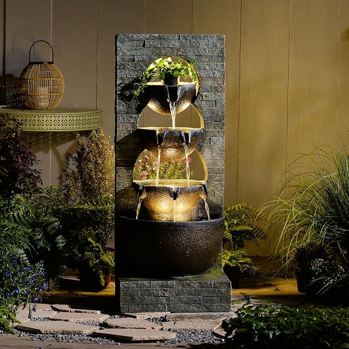43" H Water Fountain Outdoor Garden - Large Waterfall Tiered Freestanding Cascade Bowl Fountains with LED Strips for Patio Backyard Deck Porch Home Decor, Brown
