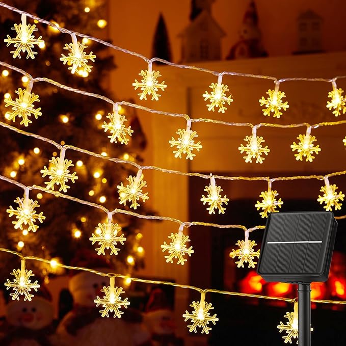 Brightown Solar Christmas Snowflake String Lights 50 LED 31 FT Outdoor Waterproof Snowflake Fairy Lights with 8 Lighting Modes for Christmas Party, Tree, Room, Garden, Patio, Yard, Home, Warm White