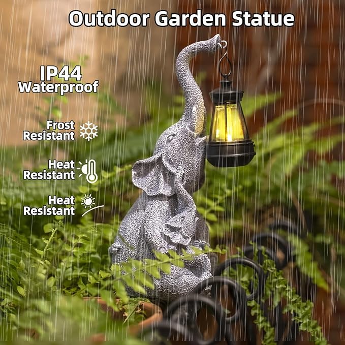 Solar Garden Elephant Statue Outdoor Decor, Cute Elephant Figurines Waterproof Garden Decor with Solar Lantern, Small Elephant Decor for Garden Yard Art Lawn Porch, Garden Gifts for Women (Elephant)