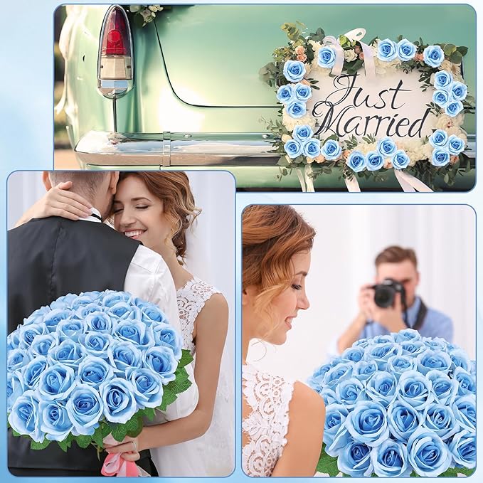 36 Pcs Sky Blue Artificial Roses with Long Stems, Blue Fake Silk Rose Artificial Flowers Bulk for Bridal Wedding Bouquet Centerpiece Ball Arrangement Party Decor