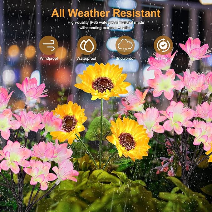 4 Pack Flower Solar Lights Outdoor Waterproof IP 65, Solar Sunflowers Peachblossom Lights Garden Decorative Yard Patio Landscape Stake Lights