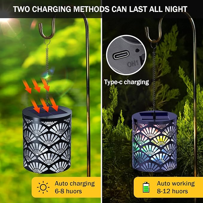 RGB Solar Lanterns Outdoor Waterproof Hanging Solar Lights Gifts for Men Women Metal Decorative LED Lanterns for Yard, Patio, Lawn, Tabletop, Pathway, Landscape, Garden Decor Fan Style(2 Pack)