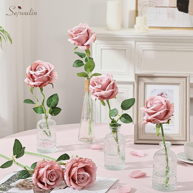 Serwalin 20PCS Artificial Roses, 4'' Big Flower Head, Dusty Pink Velvet Long Stem Roses, Silk Fake Roses Bouquet for Wedding Home Decor and Table Centerpiece