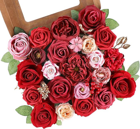 AGIRL Red Artificial Flowers Combo Fake Flowers Red Rose Silk Flowers Fake Floral Arrangements for DIY Wedding Bouquets Centerpieces Table Decor Baby Shower Home Decor