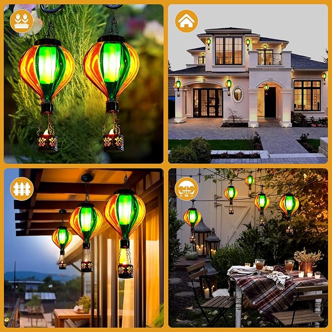 Hot Air Balloon Solar Lantern with Flickering Flame Christmas Gifts for Women Grandma Mom Outdoor Hanging Light Solar Decorative Air Balloon Lamp for Garden Patio Yard and Home (Blue & Yellow)