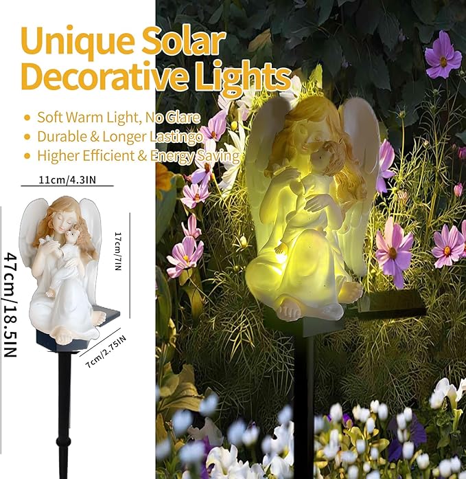 QH & Garden 2-Pack Angel Solar Garden Light - LED Waterproof Lights Mother's Day Gift,Solar Powered Garden Stake Lights for Balcony, Yard, Lawn, Pathway, Walkway-Angel Statues Grave Decorations