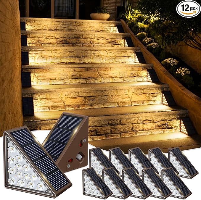 Solar Step Lights for Outside,12pack Solar Stair Lights Outdoor Waterproof IP67,Outdoor Deck Step Lights,Solar Outdoor Lights for Staircase,Patio,Front Step(Warm Brown)