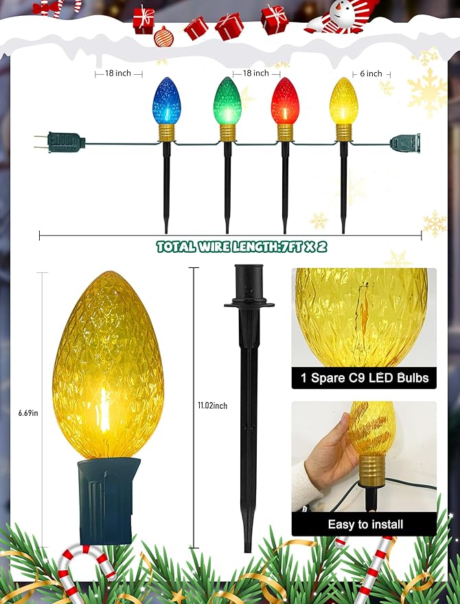 Jumbo C9 Christmas Pathway Lights Outdoor, 2 Pack 7FT Christmas Yard Decorations with 8 Jumbo C9 LED Strawberry Multicolor Bulbs Christmas Walkway Lights for Outside Holiday Lawn Garden Driveway Decor