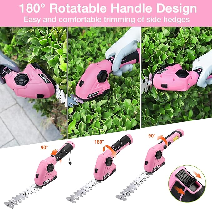 WORKPRO Pink Cordless Grass Shear & Shrubbery Trimmer - 2 in 1 Handheld Hedge Trimmer 7.2V Electric Grass Trimmer Hedge Shears/Grass Cutter 2.0Ah Rechargeable Lithium-Ion Battery - Pink Ribbon