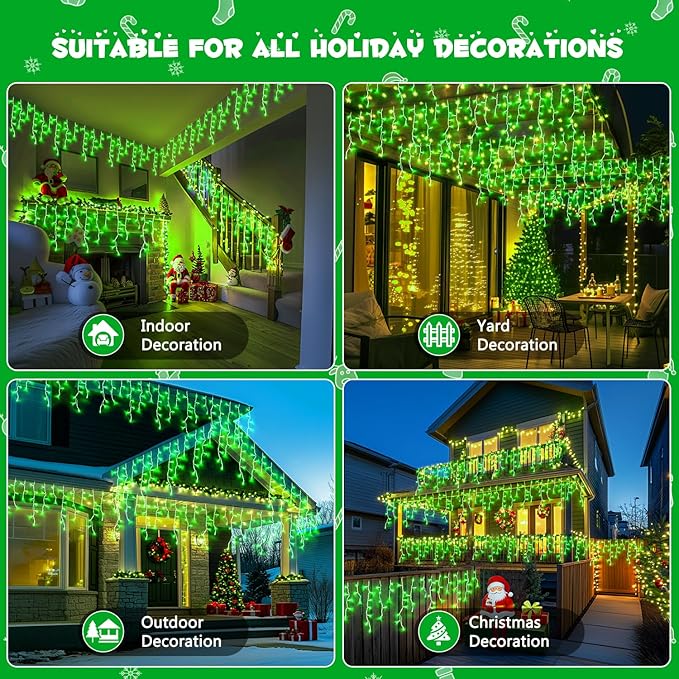 JMEXSUSS 400 LED 38.8F Green Icicle Lights for St Patricks Day Decorations, Green Christmas Lights Indoor Outdoor, Green String Icicle Lights for House Fireplace Party Yard Decoration