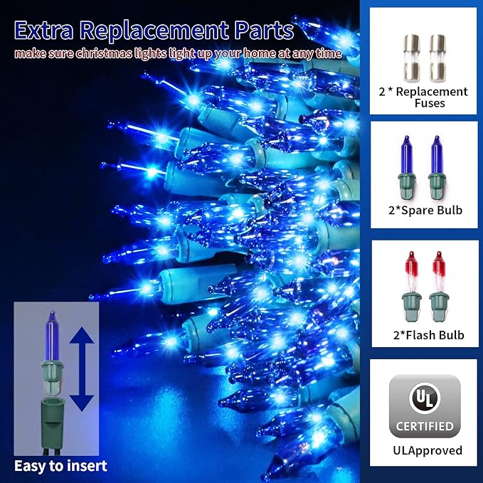 Ultra-Bright Connects End to End Blue Christmas Mini Light 300L 63.8Ft(2Sets-Each 150L)UL Listed Incandescent Bulb String Light for Indoor Outdoor Holiday Garden Party Christmas Tree Decor