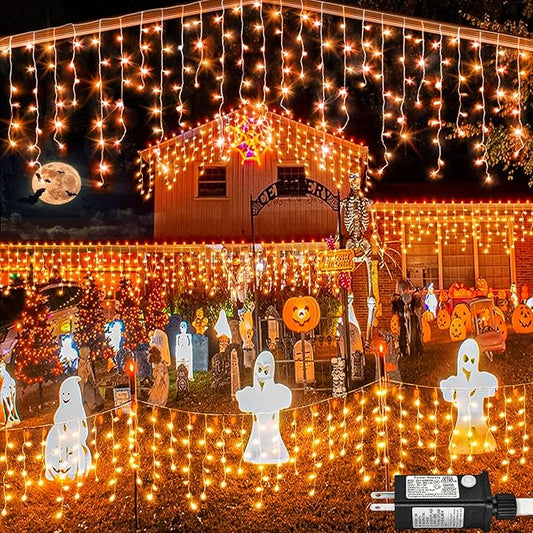 66ft Icicle Lights for Outside, Orange Christmas Lights Outdoor Indoor 640 LED Twinkle String Lights with 120 Drops Clear Wire Short Curtain Lights for Room Home Wall Bedroom Decor