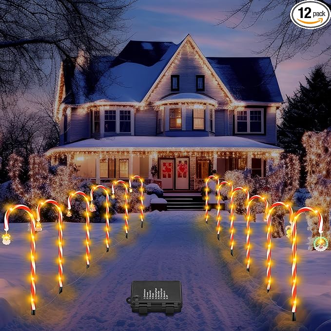12 Pcs Christmas Candy Cane Lights Outdoor Christmas Decorations Battery Operated Candy Cane Pathway Markers Light 84 LED Candy Cane Stake Waterproof with 8 Modes for Yard Garden Lawn Tree Decor