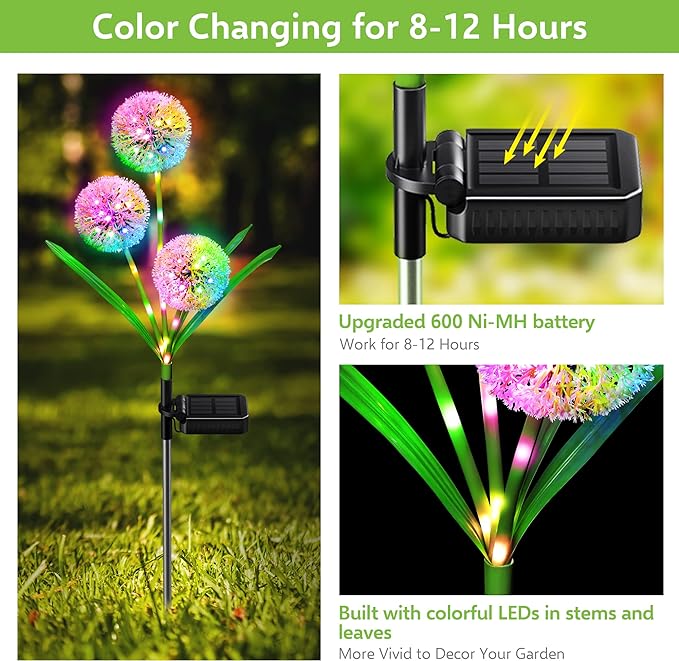 Solar Lights Outdoor Garden Decor, 2 Pack Upgraded Solar Dandelion Garden Light Decorative with 36 LED - IP65 Waterproof Colorful SolarLights Outdoor for Yard, Lawn, Pathway and Wedding