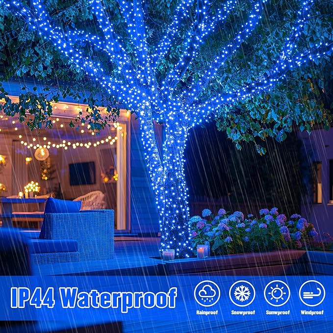 JMEXSUSS 2 Pack Blue Solar Christmas Lights: 100 LED 33ft Blue Solar Lights Outdoor, 8 Modes Solar String Lights for Outside Christmas Tree Gardens Party