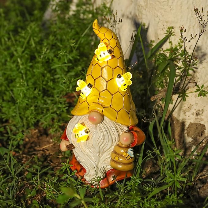 Garden Gnome Statue with Bee Solar Lights, Resin Gnome Figurine for Outdoor Decor, Porch Patio Yard Decorations