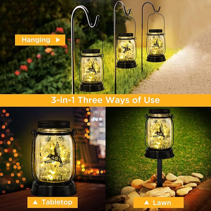 Kyoryuger Solar Hummingbird Lantern Outdoor Garden Decor, Gifts for Women Mom Gradma Birthday Gifts, Hanging Solar Light Lawn Ornaments Home Decoration Outside for Yard, Patio,Backyard,Porch, Pathway