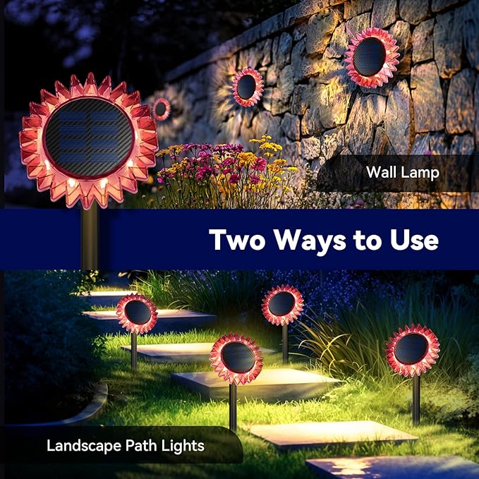 Hogni Solar Pathway Lights - 2 Pack LED Sunflower Garden Light, Waterproof Outdoor Decor for Wall, Lawn, Yard, Walkway, Patio, Landscape