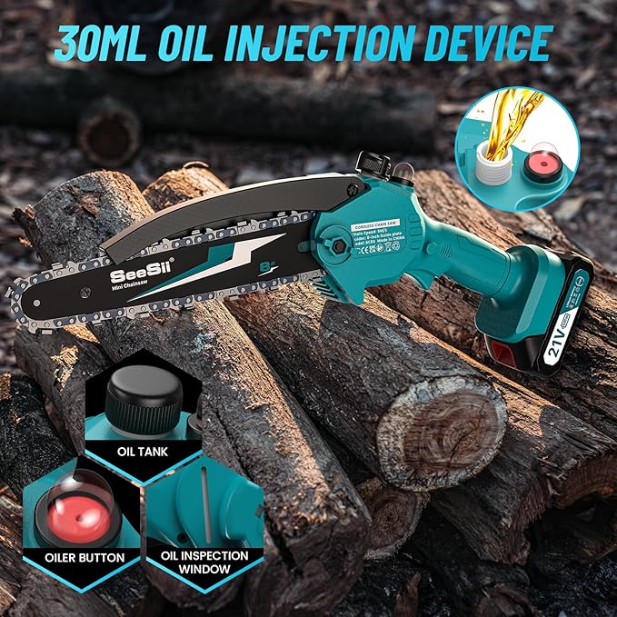 SEESII Mini Chainsaw 8 inch,Cordless Chainsaw w/ 2pcs 2000mAh Batteries,Oiler System & Replacement Chain,Handheld Chain Saw w/Safety Lock,Battery Powered Chain saw for Wood Tree Cutting,CH820+