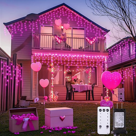 JMEXSUSS 400 LED Pink Valentine Lights, Connectable Pink Christmas Lights Indoor Outdoor with Remote, Pink Icicle String Lights for Room Fireplace Decorations