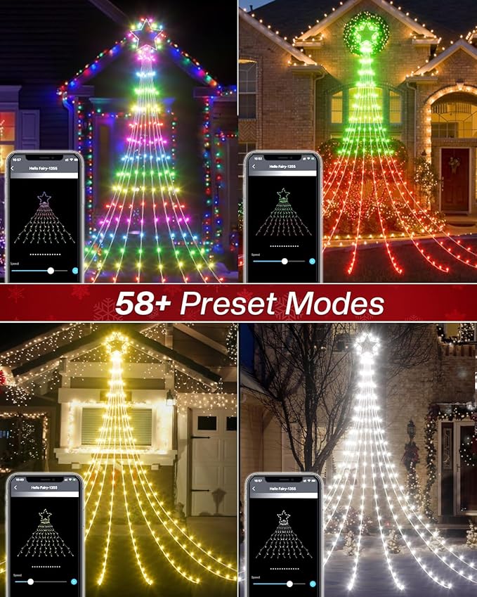 16.5FT Smart Outdoor Christmas Decoration Star String Lights, DIY Color Changing LED Yard Lights App Control Music Sync, Timer, Group Control Waterproof Waterfall Tree Lights for Outside