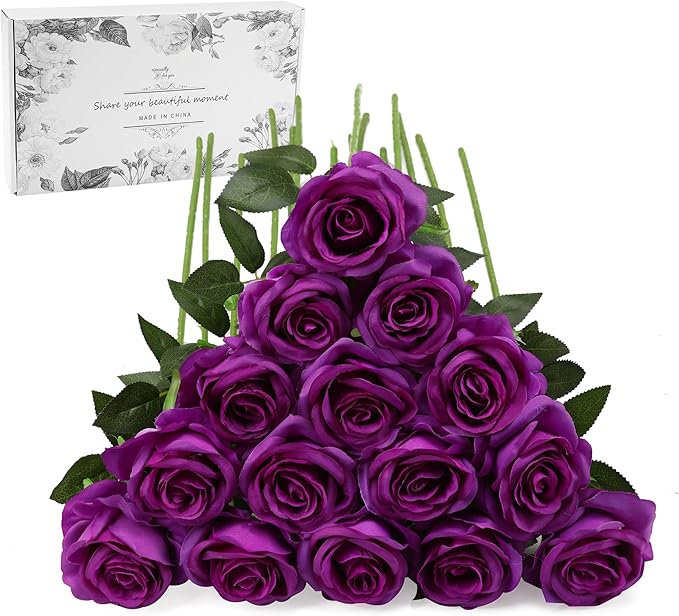 Purple Fake Roses Artificial Flowers - 16 Pcs Fake Artificial Roses Silk Flowers with Stems for Home Wedding Hotel Office Centerpiece Decor