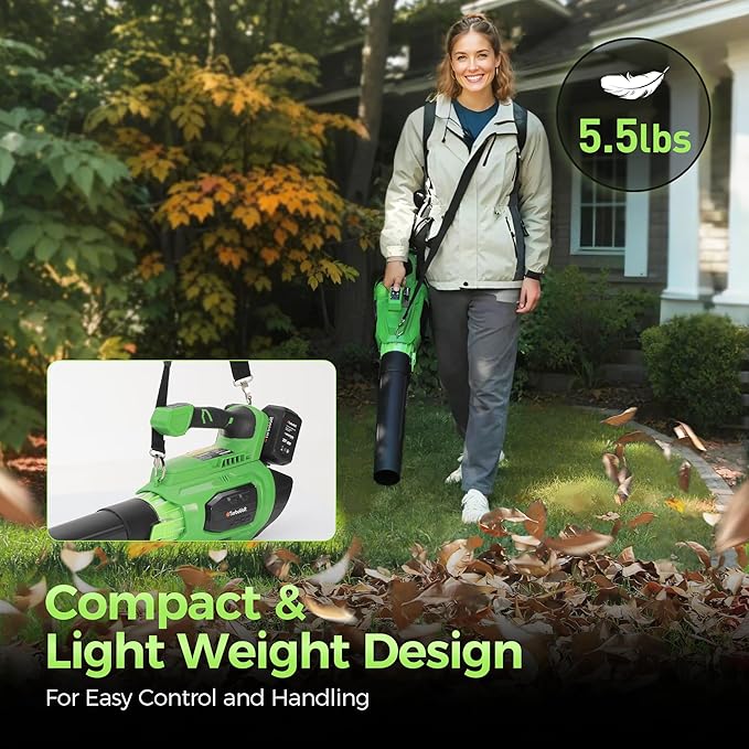 Leaf Blower, 20V Cordless Electric Blower with 2 * 5.0Ah Batteries and 1 Hour Fast Charger, Lightweight Leaf Blower for Patio Cleaning, Lawn Care, Blowing Fallen Leaves and Dust