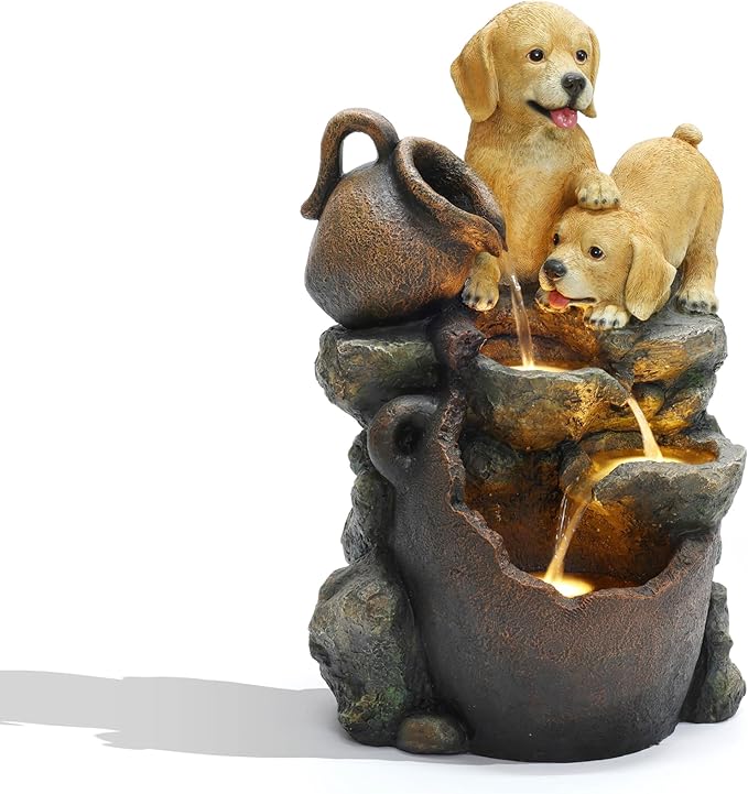 LuxenHome Outdoor Water Fountain, 25 Inch Puppy and Pitchers Pot Resin Water Fountains Indoor with LED Lights, Farmhouse Waterfall Outdoor, Indoor Fountains and Waterfalls for Patio, Garden Decor