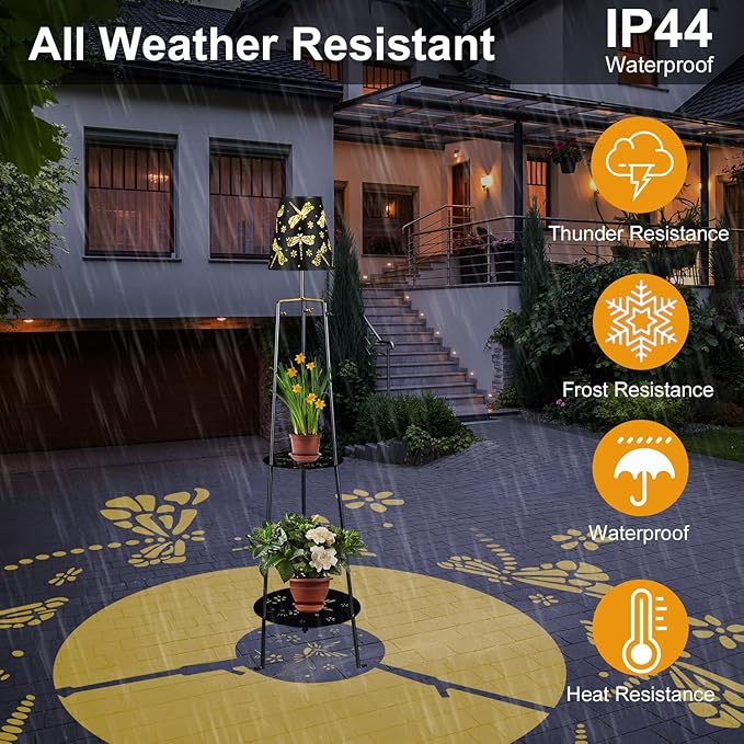 47.2'' Outdoor Metal Solar Floor Lamps with 2 Plant Stand Dragonfly Solar Lights Plant Stand Waterproof Solar Powered Outdoor Lantern Garden Decorative Light for Pathway Patio Porch Deck Yard