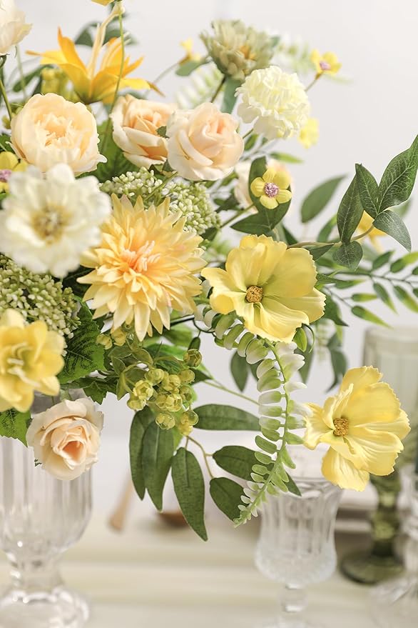 YYHUAWU Fake Flower Heads Mini Yellow Artificial Flower Faux Dahlia Rose Flowers Multicolor Silk Daisy Flower Heads for Craft Garland Wedding Bridal Baby Shower Home Party Decoration DIY Cake Decor