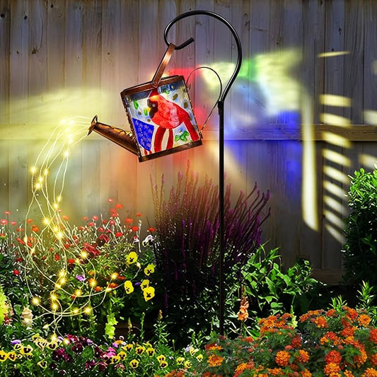 Larekook Solar Outdoor Watering Can Lights Decorative Path Lights, Metal Glass Solar Garden Light Outdoor Waterfall Decor Ornament for Yard Lighting Outside Flag