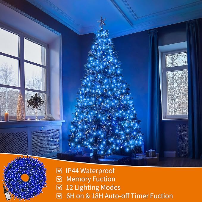 Christmas Tree Light 200 LEDs 73ft Green Cable Wire Fairy String Twinkle Lights Plug in 12 Modes for Xmas Party, Halloween, Outdoor, Garden, Wedding, Home Decoration (Blue)