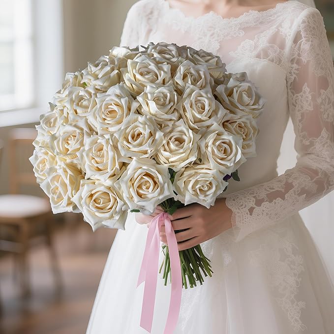 Fake Roses Faux Flowers Silk Roses 36PCS Artificial Roses with Stems Realistic Artificial Flowers Suitable for Indoor Home Decoration DIY Bouquet Wedding Decor Party Decor 16.5In (White)