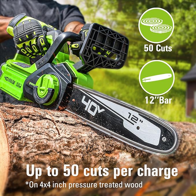 Greenworks 40V 12" Cordless Compact Chainsaw (Great For Storm Clean-Up, Pruning, and Camping), 2.0Ah Battery and Charger Included