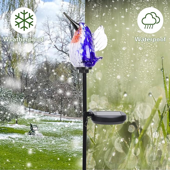 Afirst Decorative Solar Lights Outdoor Solar Hummingbird Stake Lights Hand Blown Glass Decorative Garden Pathway Light Outdoor Waterproof Glass Stakes Blue