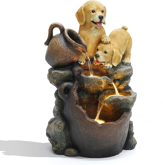 LuxenHome Outdoor Water Fountain, 25 Inch Puppy and Pitchers Pot Resin Water Fountains Indoor with LED Lights, Farmhouse Waterfall Outdoor, Indoor Fountains and Waterfalls for Patio, Garden Decor