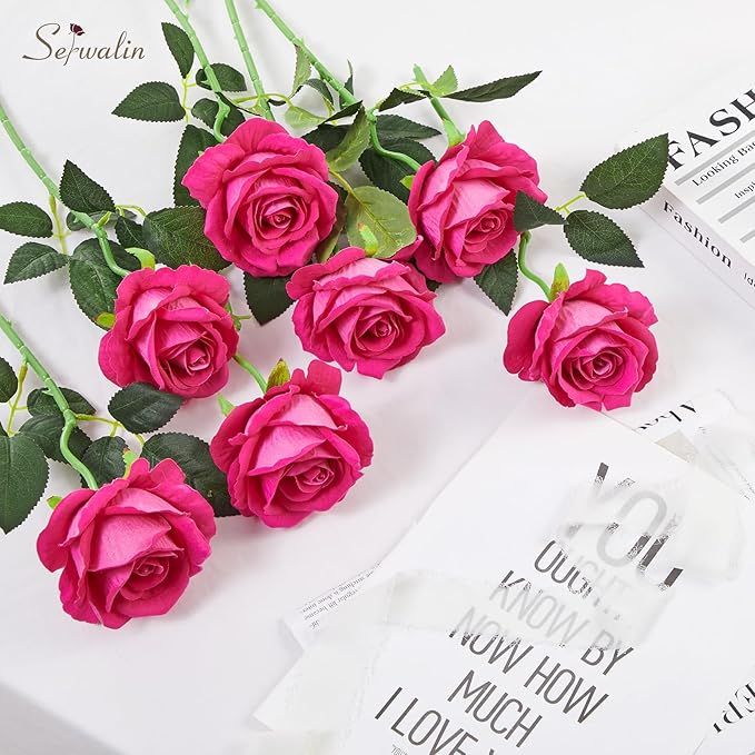 Serwalin 20pcs Artificial Roses, 4'' Big Flower Head, Hot Pink Roses Velvet Real Touch, Silk Fake Roses Long Stem Realistic Bouquet for Wedding Table Centerpiece and Home Decor