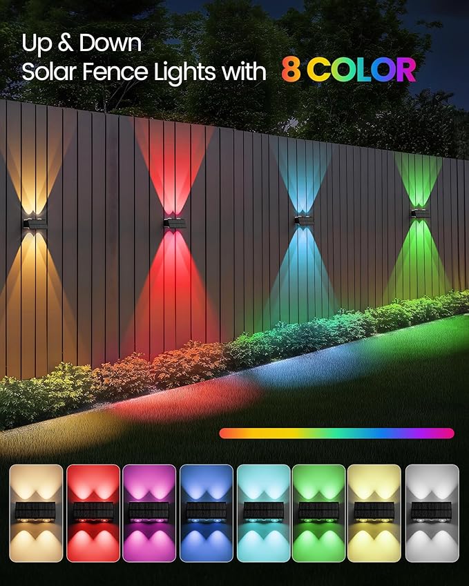 Bridika Solar Fence Lights, 12 Pack Up and Down Solar Lights Outdoor Waterproof, 8 Colors Lens LED Dusk to Dawn Wall Lights for Fence, Patio, Deck, Backyard, Garden