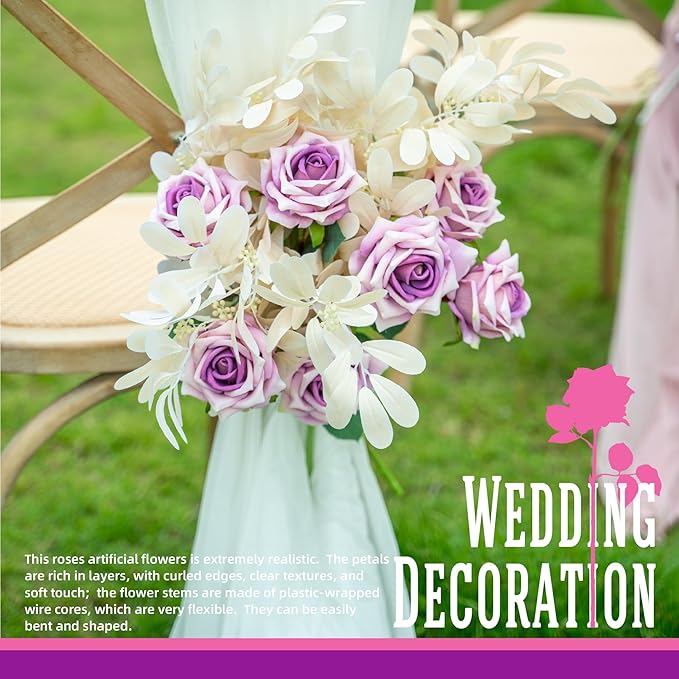 Fake Roses Faux Flowers Silk Roses Artificial Roses with Stems Realistic Artificial Flowers 12PCS Suitable for Indoor Home Decoration DIY Bouquet Wedding Decor Party Decor Purple,16.5In