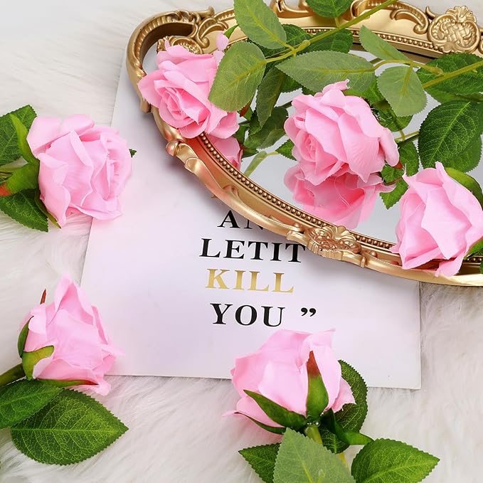 36 Pcs Silk Pink Roses Bouquet Bridal Artificial Flowers Mothers Day,Fake Rose Long Stem Realistic Artificial Flowers Bulk for Wedding Bouquet Ball Arrangement Centerpiece Party Decor