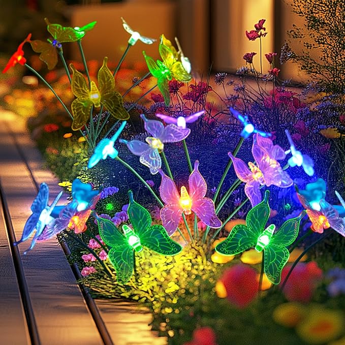 Solar Garden Lights, 2 Pack with 8 Butterfly Swaying Solar Lights Outdoor Decorations, Multi-Color Changing LED Solar Light Stakes, Solar Yard Lights for Garden Patio Lawn Yard Pathway Decor
