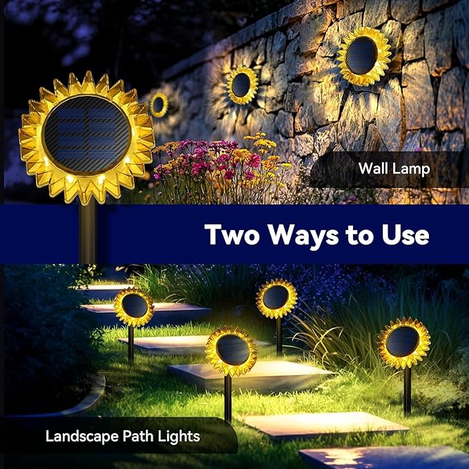 Hogni 4PK Solar Garden Lights, Ground Stake/Hang 2 in 1 Solar Sunflowers Outdoor Waterproof IP67, Outdoor Decor for Pathway Walkway Landscape Backyard Fence Decoration
